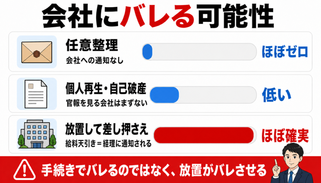 会社にバレる可能性の比較（任意整理・個人再生・自己破産・放置）