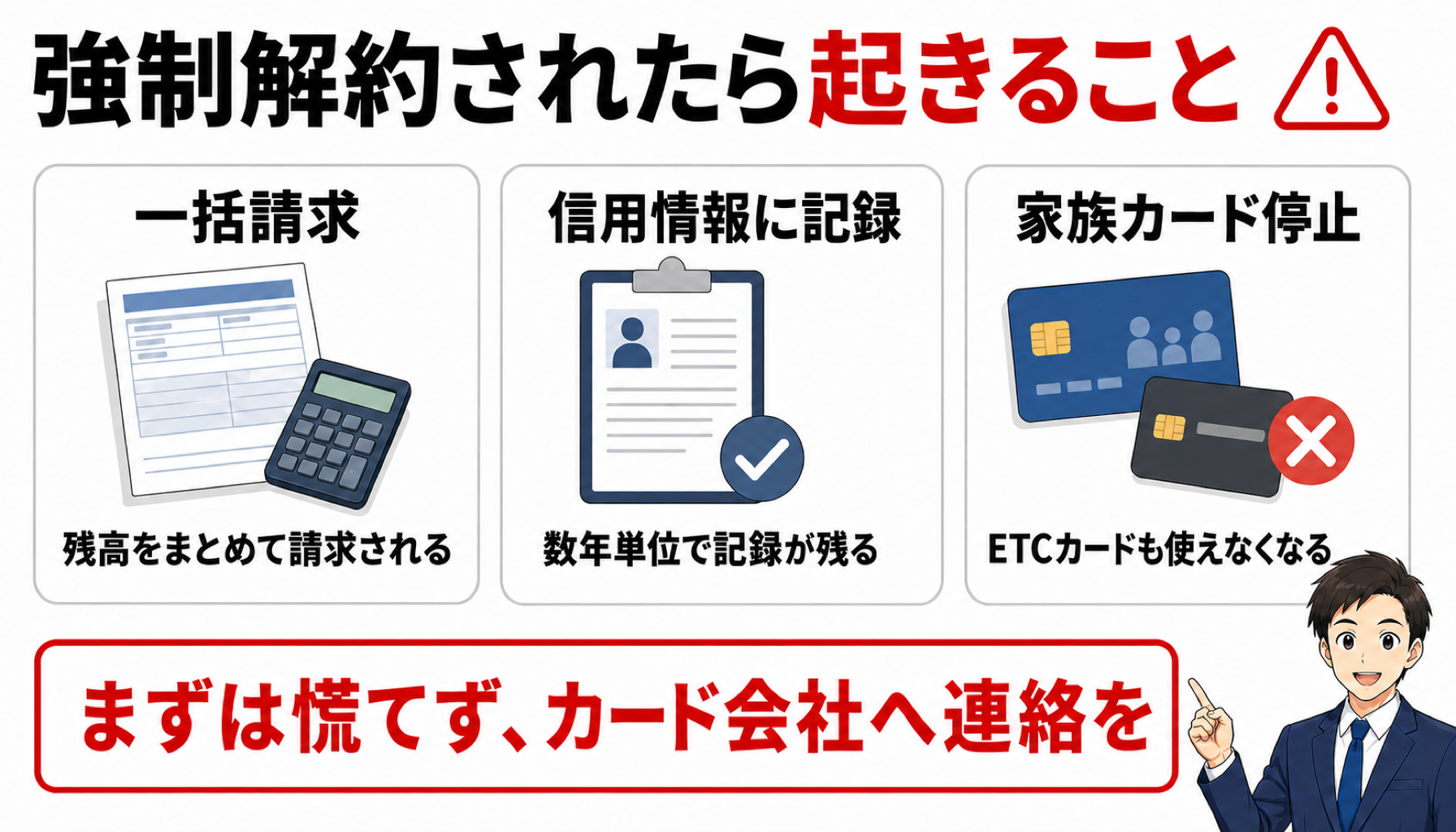 強制解約されたら起きること(一括請求・信用情報への記録・家族カード停止の3点)