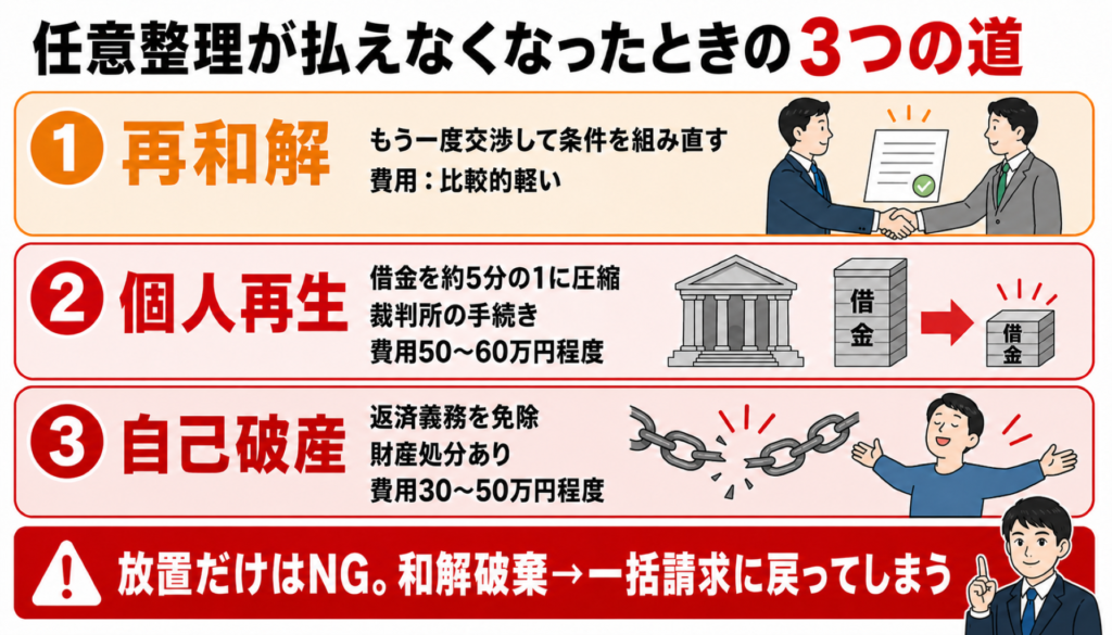 任意整理が払えなくなったときの3つの道(再和解・個人再生・自己破産)