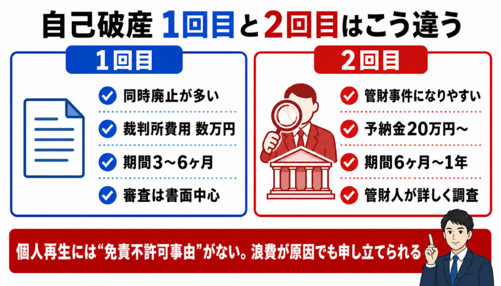 自己破産 1回目と2回目の違い(同時廃止と管財事件)