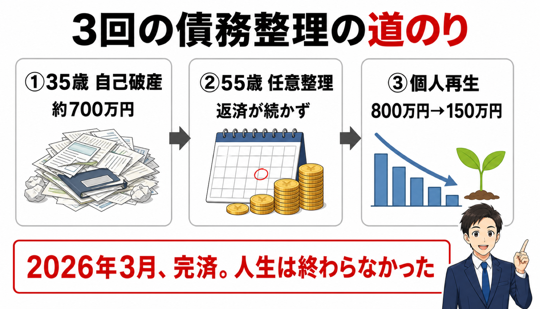 3回の債務整理の道のり（35歳自己破産 約700万円→55歳任意整理→個人再生で800万円が150万円に。2026年3月完済）