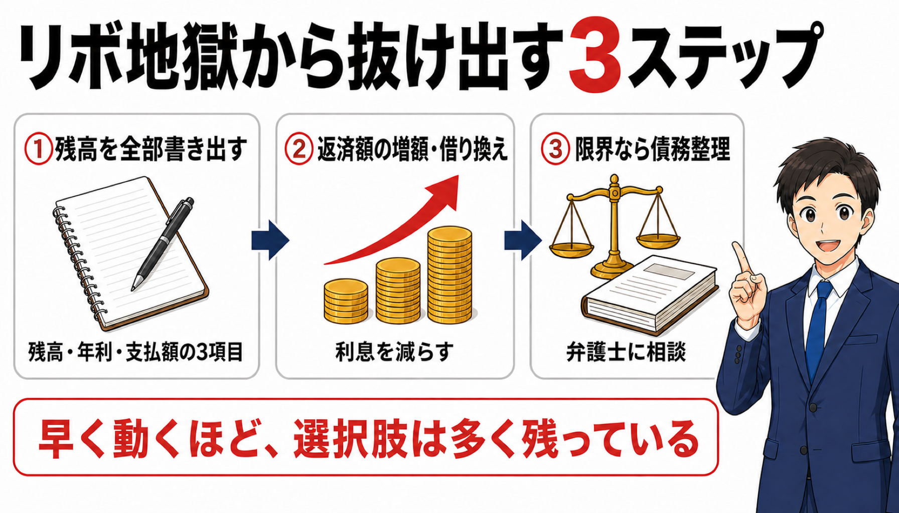 リボ地獄から抜け出す3ステップ（残高を全部書き出す・返済額の増額か借り換え・限界なら債務整理）